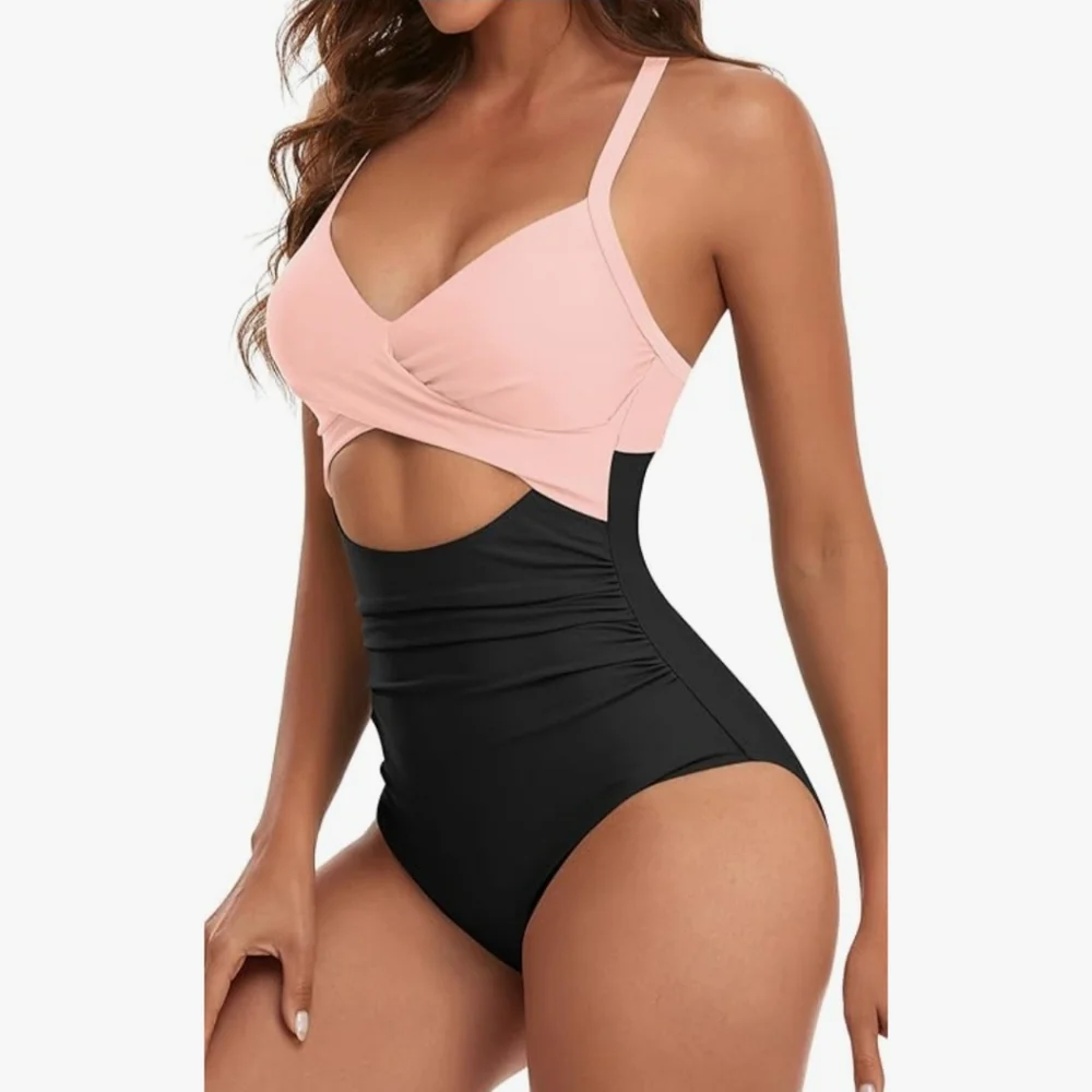 EOMENIE-Women's Pink and Black Swimsuit, tummy control, cutout high waisted suit